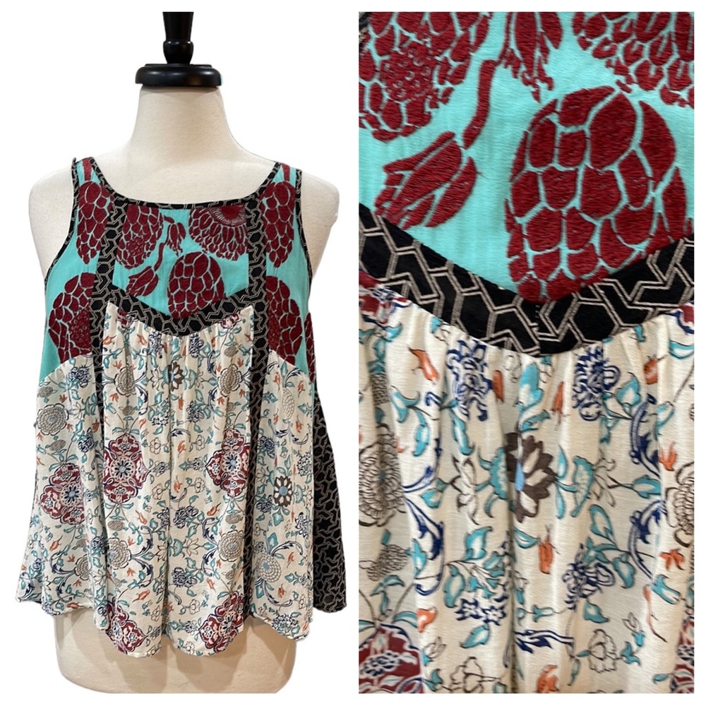 Anthropologie Floreat Multi Print Embroidered Sleeveless Swing Tank SZ 4